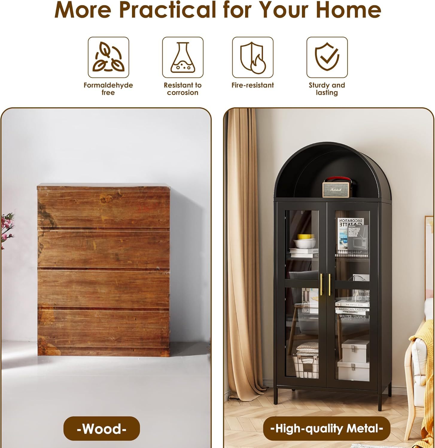 SUPEER Metall-Vitrinenschrank mit Bogen-Dach – Stand-Sideboard mit 2 Glastüren, Küchenschrank, Glasvitrine für Wohnzimmer und Schlafzimmer, 185 × 80 × 40 cm null