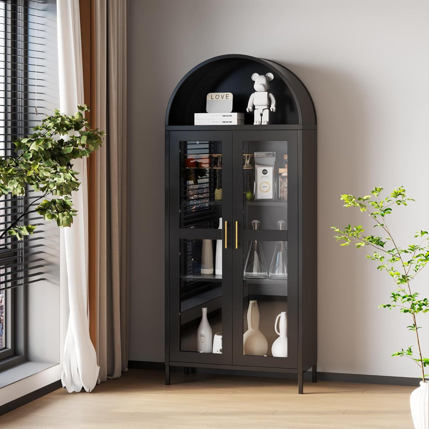 SUPEER Metall-Vitrinenschrank mit Bogen-Dach – Stand-Sideboard mit 2 Glastüren, Küchenschrank, Glasvitrine für Wohnzimmer und Schlafzimmer, 185 × 80 × 40 cm null