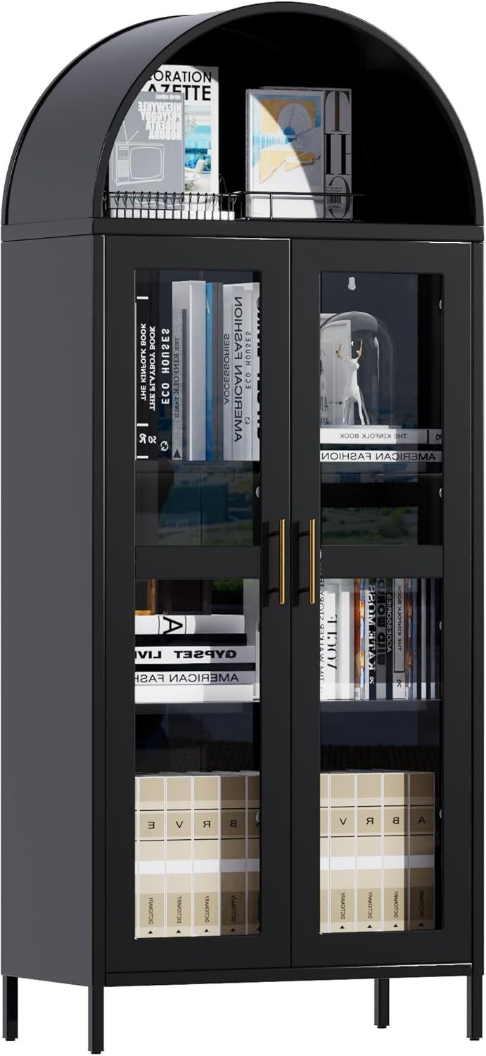 SUPEER Metall-Vitrinenschrank mit Bogen-Dach – Stand-Sideboard mit 2 Glastüren, Küchenschrank, Glasvitrine für Wohnzimmer und Schlafzimmer, 185 × 80 × 40 cm null